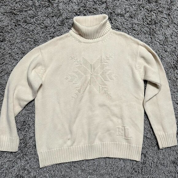 Ralph Lauren Turtle Neck Cream Snowflake Sweater Size M Petite - Picture 1 of 7
